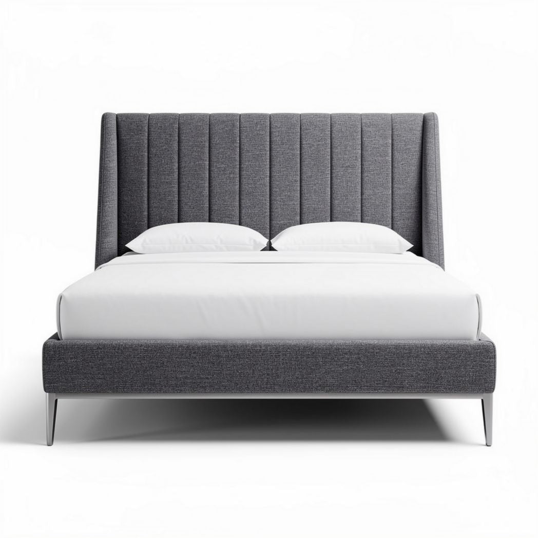 Lit moderne en tissu gris avec tête de lit rembourrée 200 x 160 x 100cm