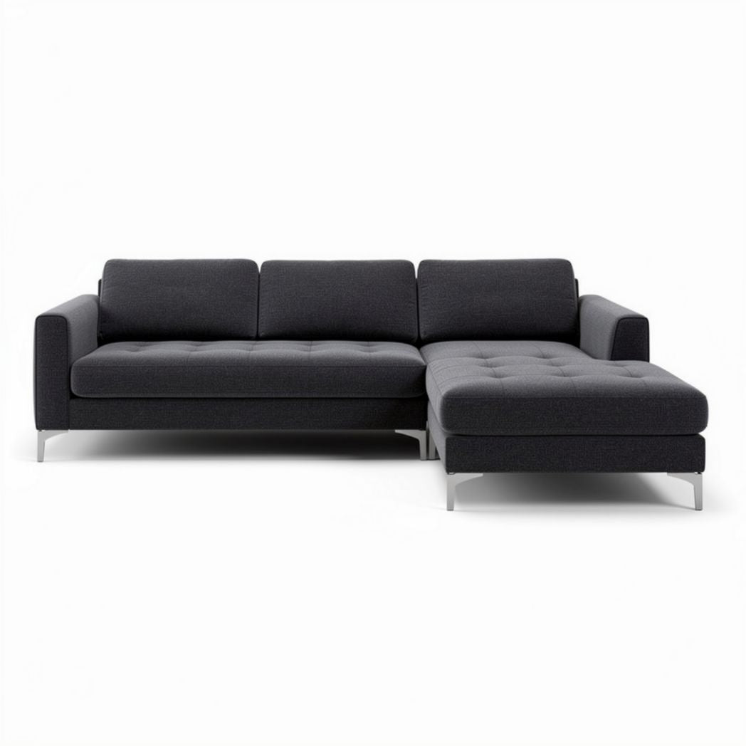 Canapé d'angle en tissu gris foncé 230 x 150 x 75 cm avec accoudoirs en métal